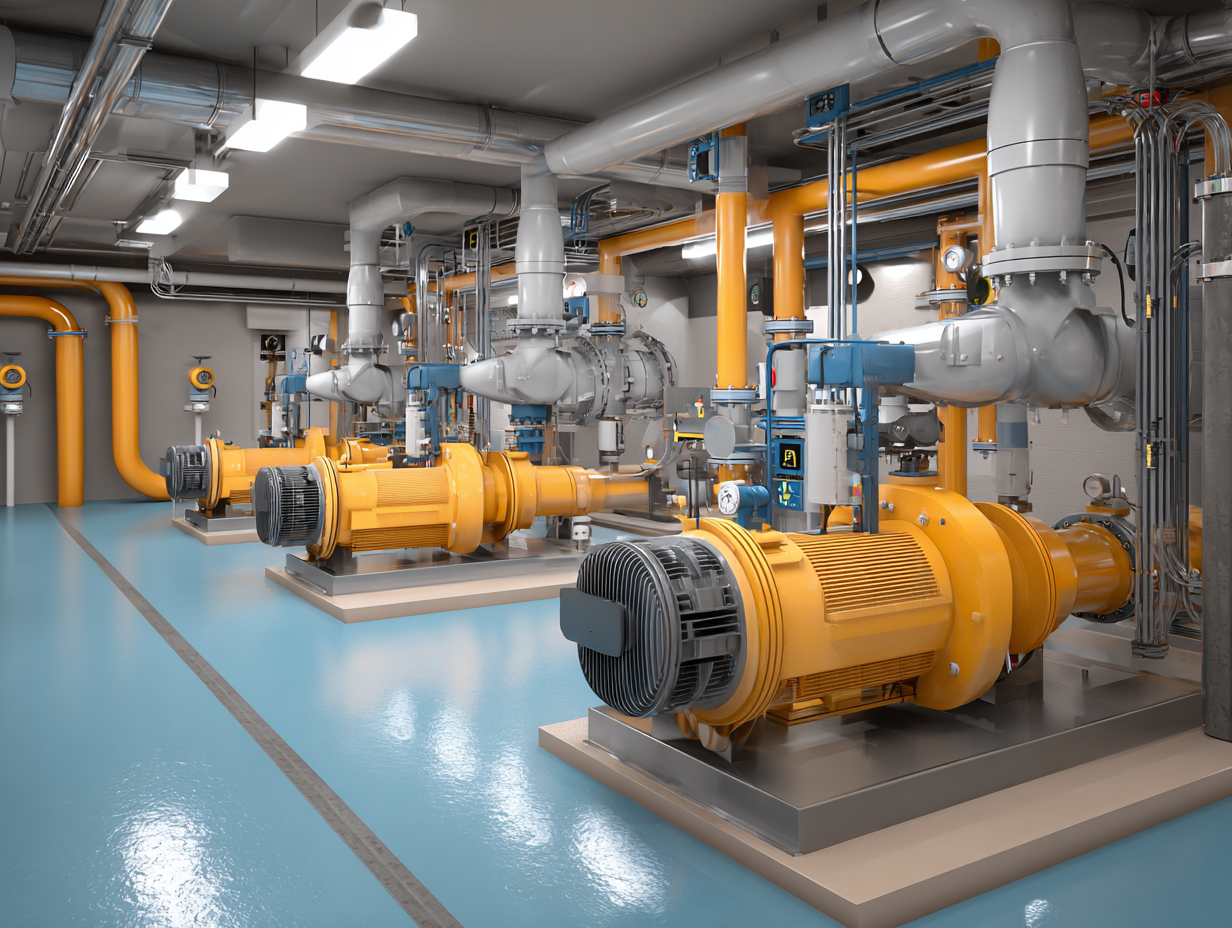 Pool pump and filtration equipment room with yellow motors and pipes